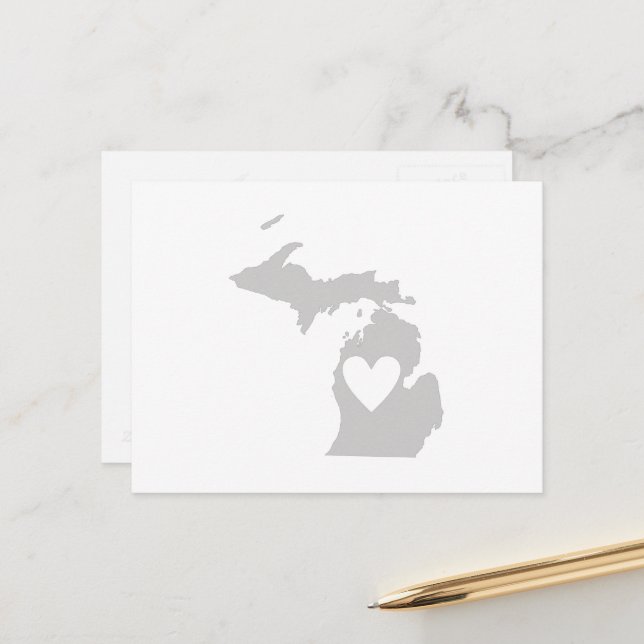 Michigan Gray State Map Shape with Heart Cutout Postcard (Front/Back In Situ)