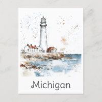 Michigan Great Lakes Lighthouse Watercolor Travel