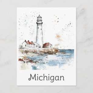 Michigan Great Lakes Lighthouse Watercolor Travel Postcard