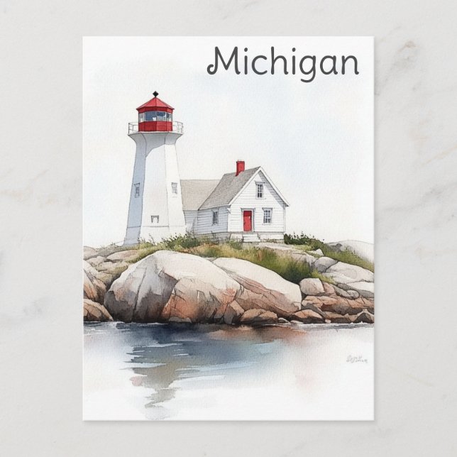 Michigan Great Lakes Lighthouse Watercolor Travel Postcard (Front)