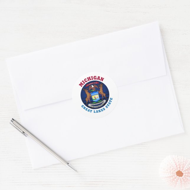 MICHIGAN GREAT LAKES STATE FLAG CLASSIC ROUND STICKER (Envelope)