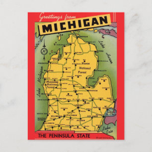 Michigan Greeting Map Postcard