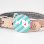 Michigan Heart Pet ID Tag<br><div class="desc">Let your furry friend show some home state pride with this cute Michigan ID tag. Design features a white silhouette map of the state of Michigan with a pink heart inside, on a tone on tone turquoise stripe background. Add your pet's name and contact information to the back in white...</div>