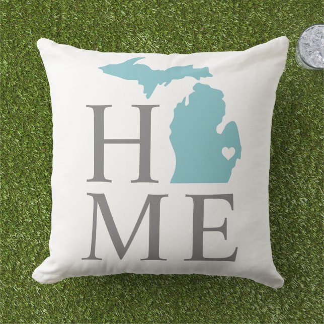 Michigan Home Aqua Blue Custom City Heart Outdoor Pillow (Grass)
