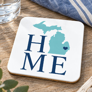 Michigan Home Aqua Navy Blue Custom City Heart Beverage Coaster