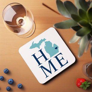 Michigan Home Aqua Navy Blue Custom City Heart Beverage Coaster