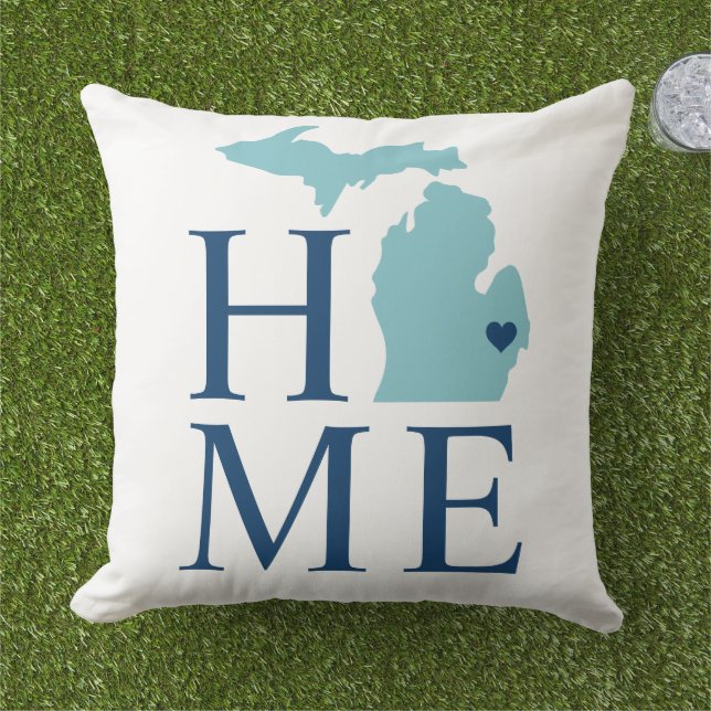 Michigan Home Aqua Navy Blue Custom City Heart Outdoor Pillow (Grass)