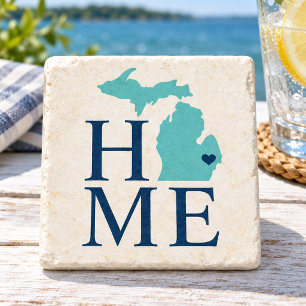Michigan Home Aqua Navy Blue Custom City Heart Stone Coaster