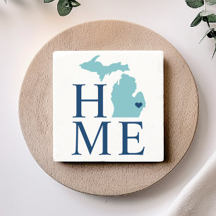 Michigan Home Aqua Navy Blue Custom City Heart Stone Coaster