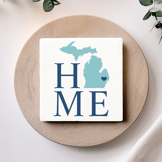 Michigan Home Aqua Navy Blue Custom City Heart Stone Coaster (Creator Uploaded)