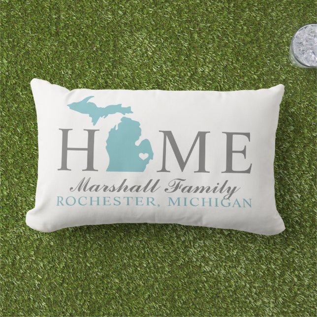 Michigan Home Aqua State Gray Family Monogram Lumbar Pillow (Grass)