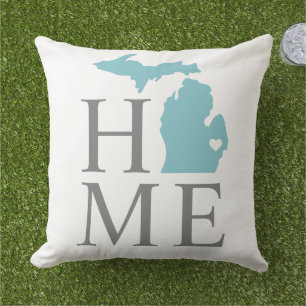 Michigan Home Aqua State Gray Text Outdoor Pillow