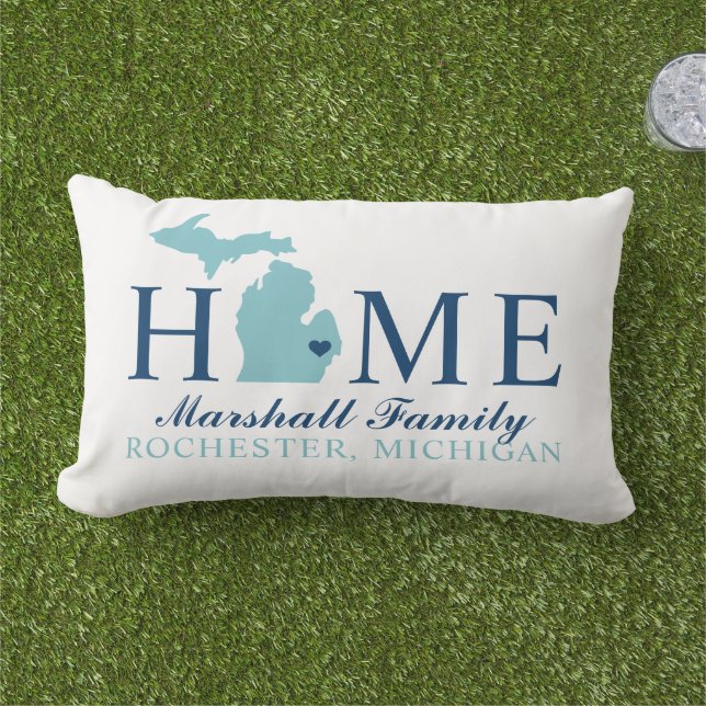 Michigan Home Aqua State Navy Family Monogram Lumbar Pillow (Grass)