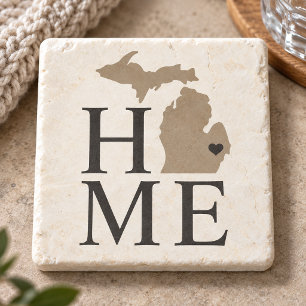 Michigan Home Beige and Gray Custom City Heart Stone Coaster