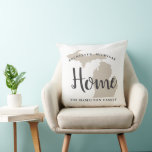 Michigan Home Beige and Gray Custom City Heart Throw Pillow<br><div class="desc">Stylish welcome pillow features a typography design with "Home" script text and Michigan state map. Personalize with your city and family monogram. Neutral beige soft black,  and white colors. A pattern of horizontal stripes dresses up the back of the pillow.</div>