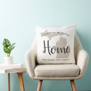 Michigan Home Beige And Gray Custom City Heart Throw Pillow by Plush_Paper at Zazzle