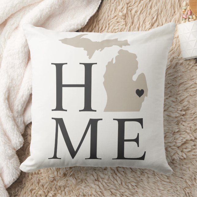 Michigan Home Beige and Gray Custom City Heart Throw Pillow (Blanket)