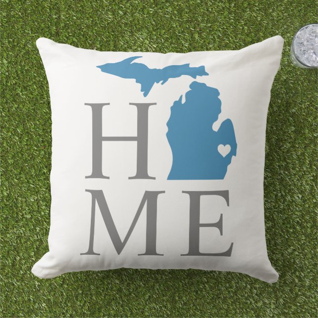 Michigan Home Blue and Gray Custom City Heart Outdoor Pillow (Grass)