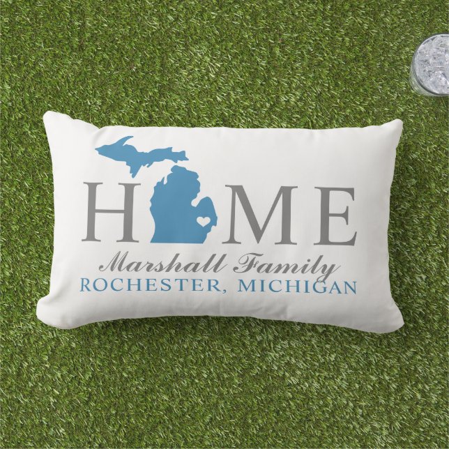 Michigan Home Blue and Gray Custom Family Monogram Lumbar Pillow (Grass)