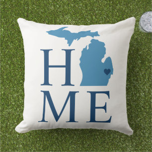 Michigan Home Blue and Navy Custom City Heart Outdoor Pillow