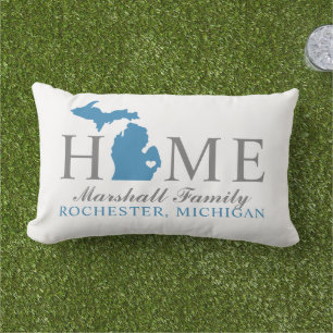Michigan Home Blue State Gray Family Monogram Lumbar Pillow