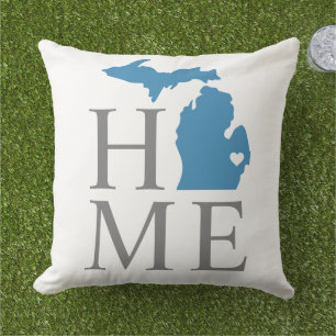 Michigan Home Blue State Gray Text Outdoor Pillow