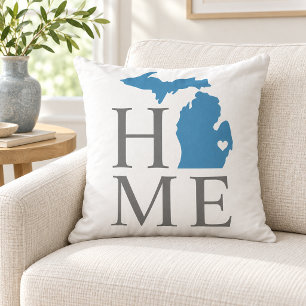 Michigan Home Blue State Gray Text Throw Pillow