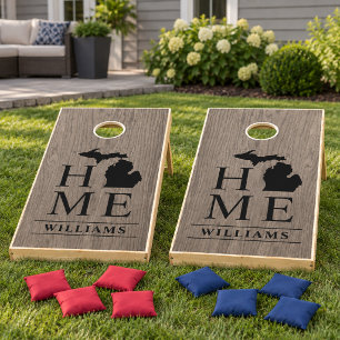 Michigan Home Gray Wood Grain Family Name Cornhole Set