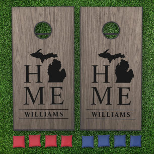 Michigan Home Gray Wood Grain Family Name Cornhole Set