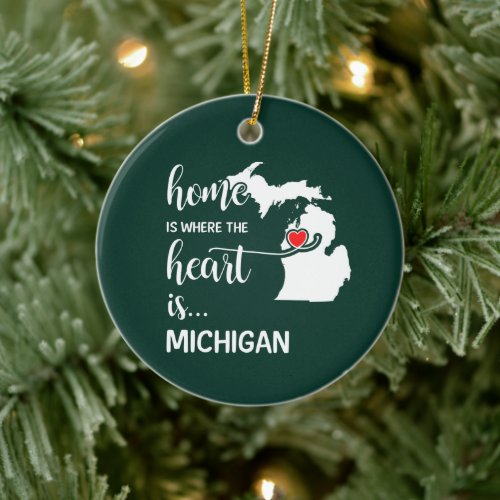Michigan home is where the heart is ceramic ornament