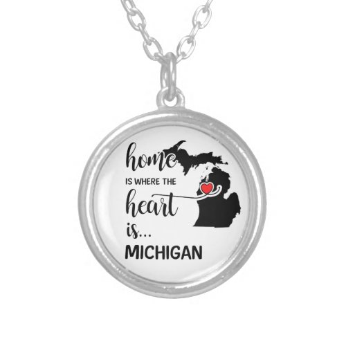 Michigan home is where the heart is silver plated necklace