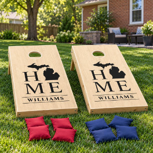 Michigan Home Light Wood Grain Family Name Cornhole Set