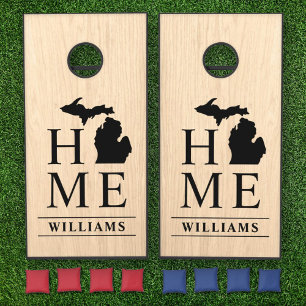 Michigan Home Light Wood Grain Family Name Cornhole Set