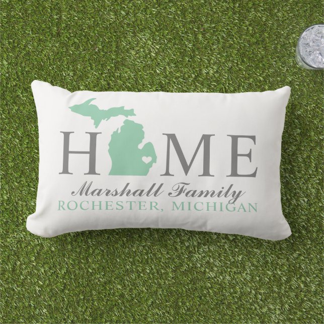 Michigan Home Mint State Gray Family Monogram Lumbar Pillow (Grass)