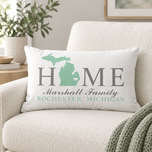Michigan Home Mint State Gray Family Monogram Lumbar Pillow