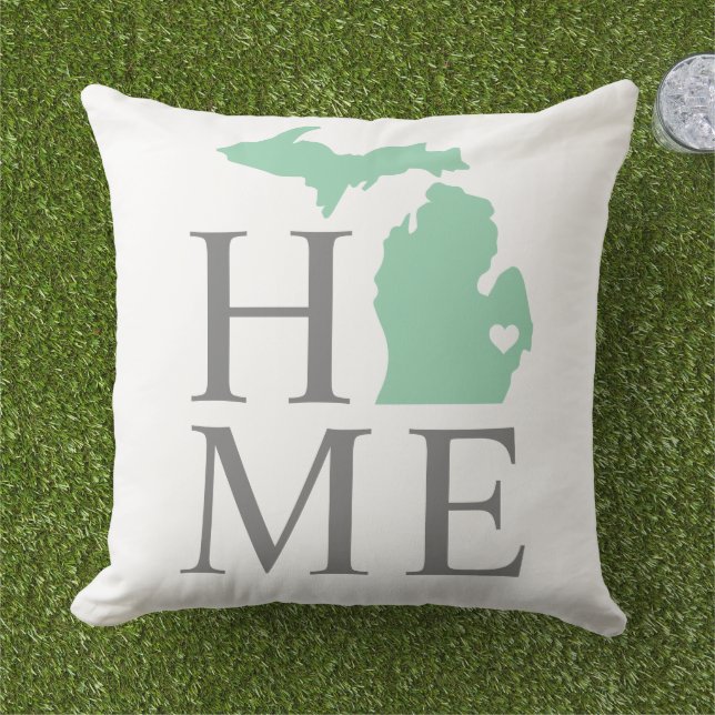Michigan Home Mint State Gray Text Outdoor Pillow (Grass)