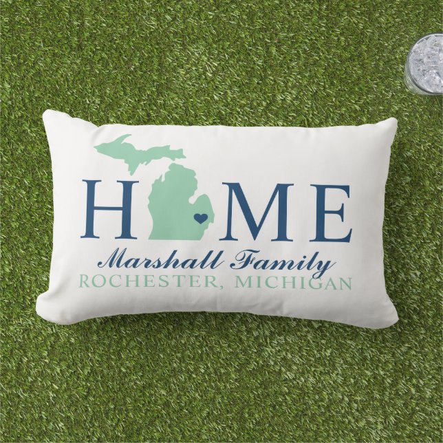 Michigan Home Mint State Navy Family Monogram Lumbar Pillow (Grass)