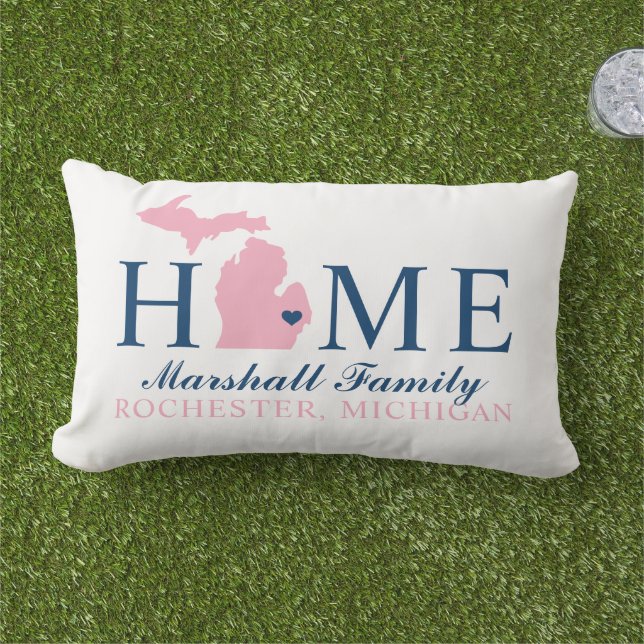 Michigan Home Navy and Pink Custom Family Monogram Lumbar Pillow (Grass)
