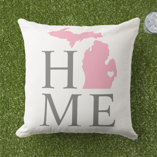 Michigan Home Pink and Gray Custom City Heart Outdoor Pillow (Grass)