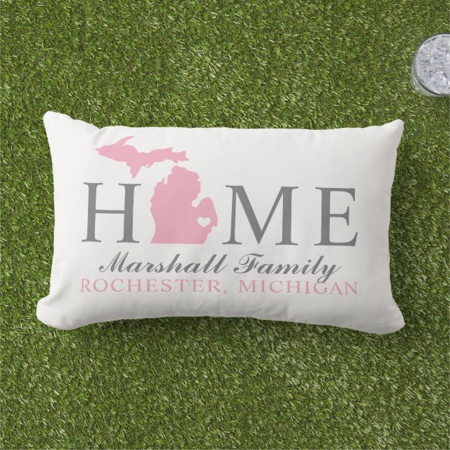 Michigan Home Pink and Gray Custom Family Monogram Lumbar Pillow (Grass)