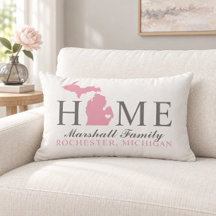 Michigan Home Pink State Gray Family Monogram Lumbar Pillow