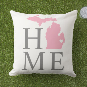 Michigan Home Pink State Gray Text Outdoor Pillow