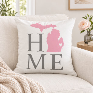 Michigan Home Pink State Gray Text Outdoor Pillow