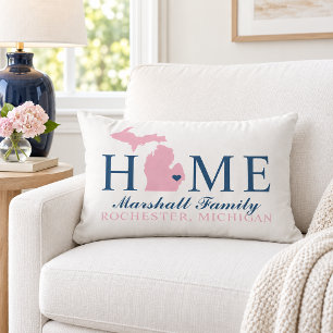 Michigan Home Pink State Navy Family Monogram Lumbar Pillow