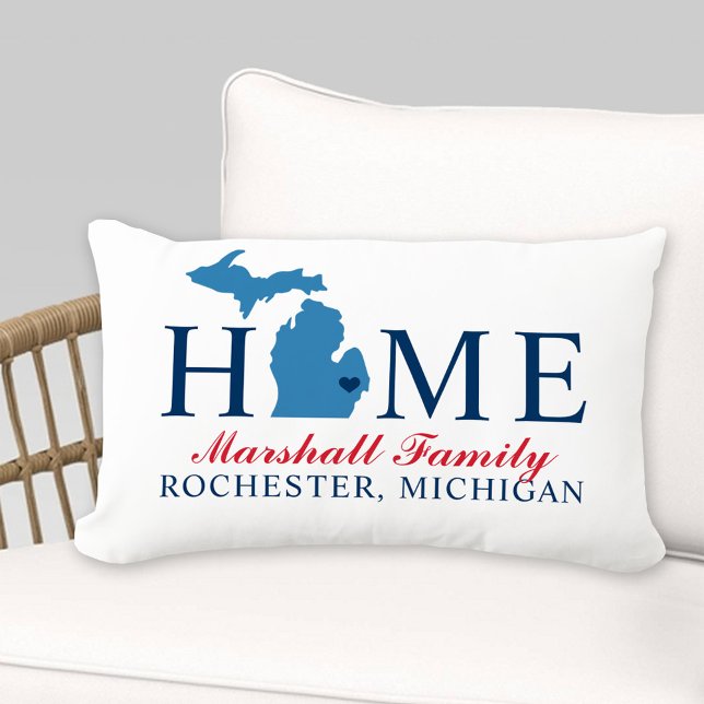 Michigan Home Red and Blue Custom Family Monogram Lumbar Pillow (Creator Uploaded)
