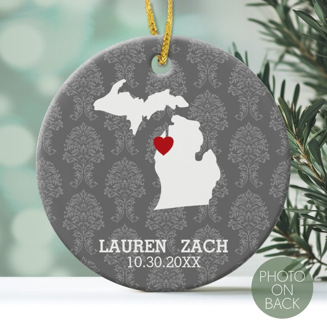 Michigan Home State City Map - Custom Wedding Ceramic Ornament (Personalized Photo Ornament)