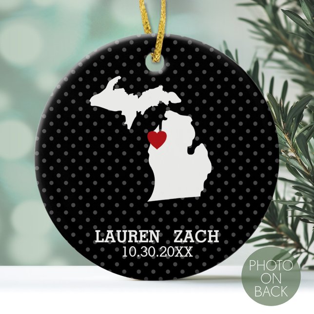 Michigan Home State City Map - Custom Wedding Ceramic Ornament (Personalized Photo Ornament)