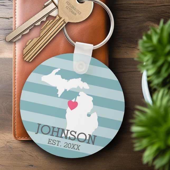 Michigan Home State City Map - Custom Wedding Keychain (Personalized Keychain - Michigan Wedding)