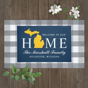 Michigan Home State Navy Blue Family Name Doormat