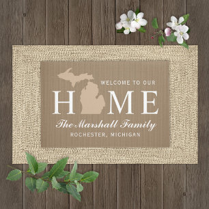 Michigan Home State Rustic Tan Family Name Doormat